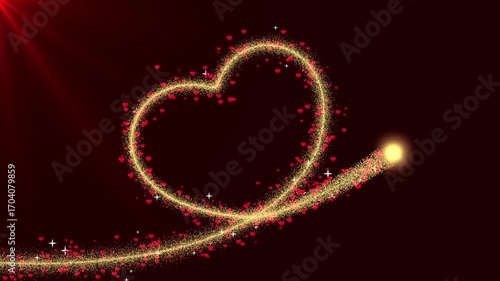Elegant golden glitter light trail forming a glowing heart shape surrounded by red sparkling particles on a deep red background. Loop animation perfect for Valentine’s Day.