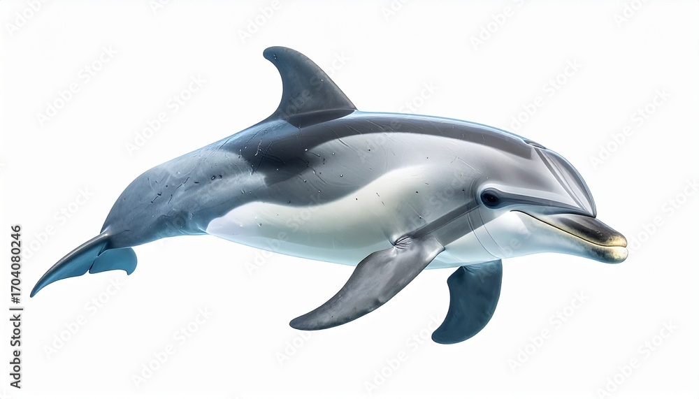 Obraz premium Dolphin with curved dorsal fin sleek gray body intelligent expression and playful aquatic mammal form sea animal isolated on white background 
