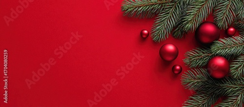 赤い背景とクリスマスオーナメント｜Red background with Christmas ornaments