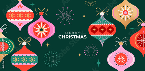 Colorful Christmas ornaments and vintage baubles. Banner background in modern minimalist geometric style.