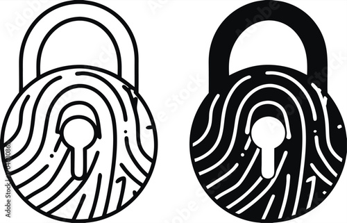 Security Icons. Black and White Vector Illustrations. Padlock and Fingerprint. Cybersecurity and Privacy. Online Data Protection from Hacking, Password. Concept Protection

