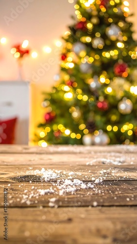 Christmas blurred background on rustic wood