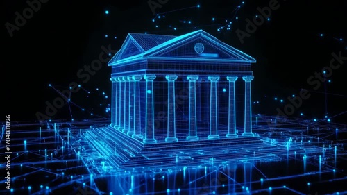 Hologram bank symbol floats on cyber grid, blockchain data flow and fintech security vibe, perfect stock footage for finance tech projects