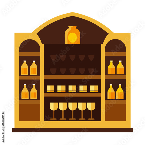 Amber liquid bottles and glasses on shelves wine cellar