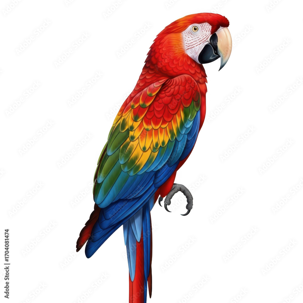 Fototapeta premium Vibrant scarlet macaw parrot perched elegantly showcasing colorful plumage transparent background