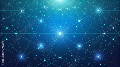 Radiant blue network lines connect glowing nodes in dark sky