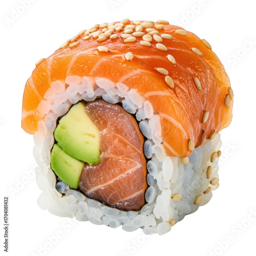 Delicious salmon avocado sushi roll topped with sesame seeds close up food photography transparent background