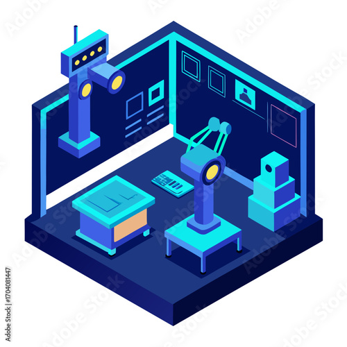 Blue robotic lab interior with robotic arms laboratory