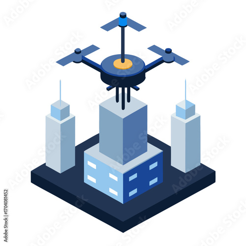 Blue drone hovering over skyscraper landing pad aerial vehicle