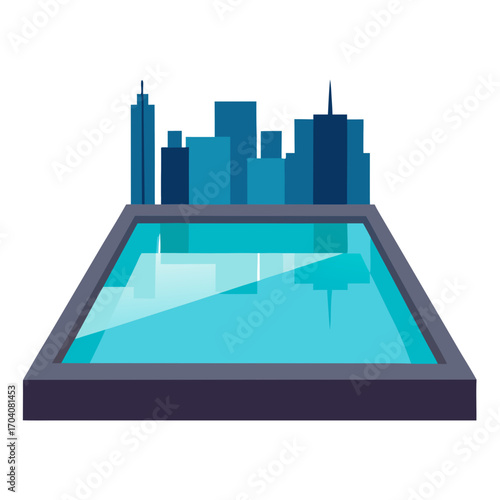 Blue cityscape reflected in rooftop pool swimming pool