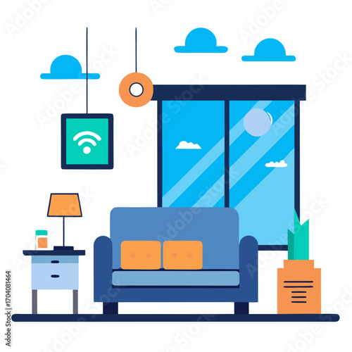 Blue sofa with orange cushions and modern decor living room