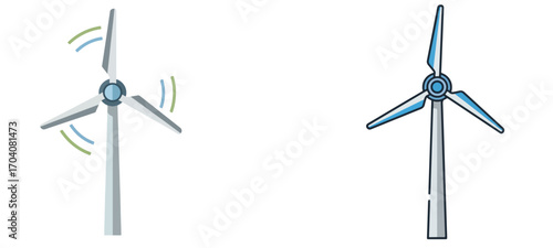 Two wind turbines depicted on a white background one with motion lines and one without any motion lines