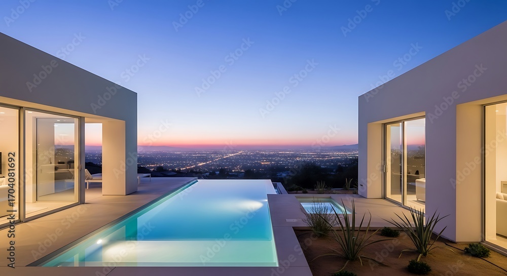 Fototapeta premium Modern villa with pool at dusk overlooking the city lights below