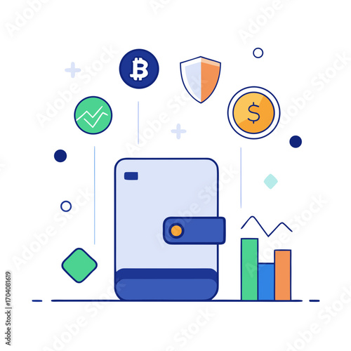 Digital wallet with crypto icons and charts cryptocurrency