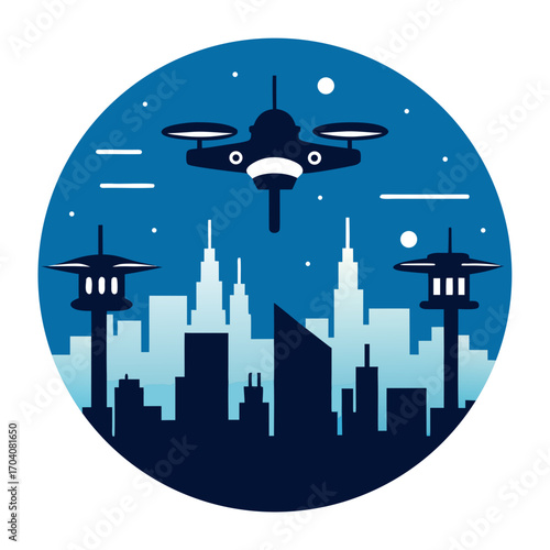 Drone over futuristic city skyline buildings