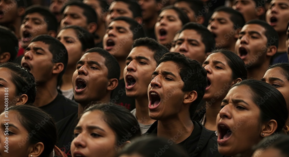 Obraz premium Large Group Singing with Open Mouths in Dark Setting for Choir or Performance