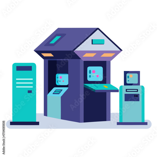 Futuristic bank kiosks with holographic displays vector