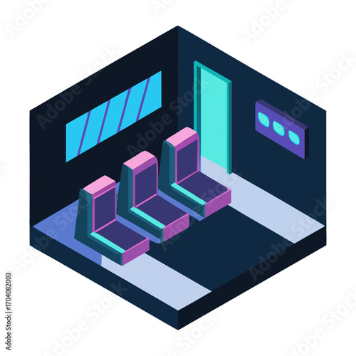 Futuristic interior with seats and door window