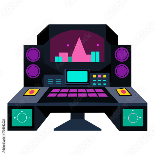 Futuristic mixing console with purple speakers and screen