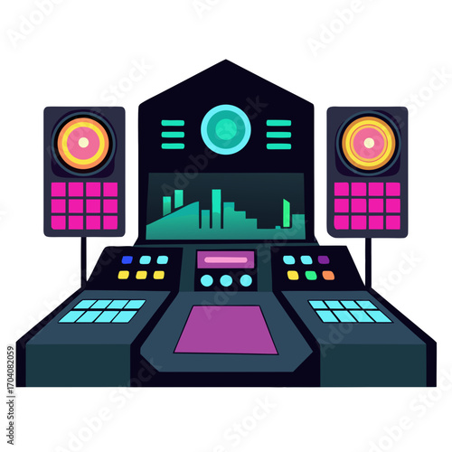 Futuristic music mixing console with speakers music studio