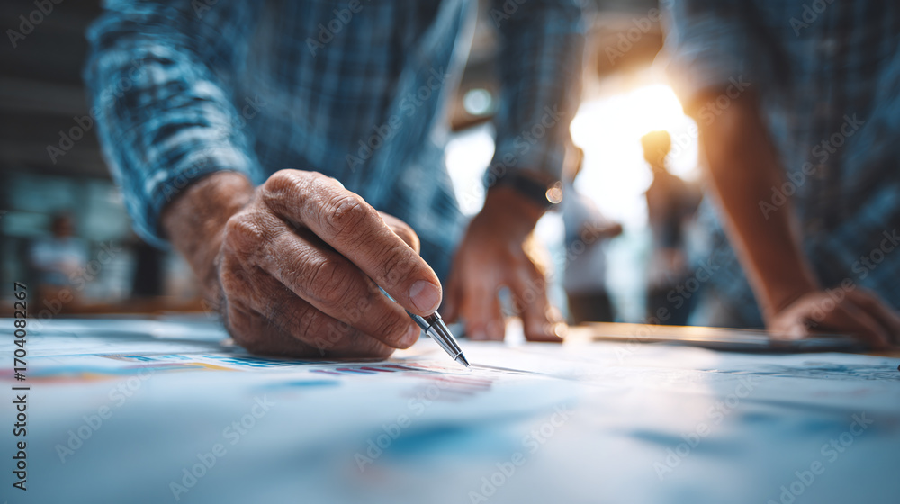 Obraz premium group of professional businesspeople brainstorming strategy ideas sharing documents and analyzing big data charts in office meeting for teamwork collaboration and project success
