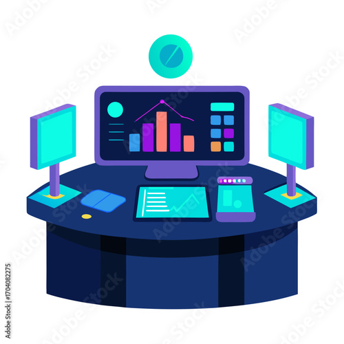 Futuristic trading desk holographic displays monitors
