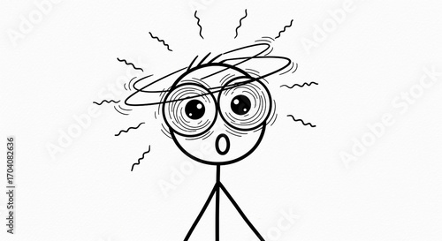 Dizzy Stick Figure Cartoon. Confused Stickman with Swirling Eyes and Head Waves. Vertigo, Stress, or Shock Concept Illustration.