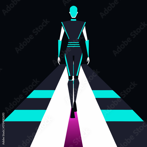 Holographic figure walks on futuristic runway fashion