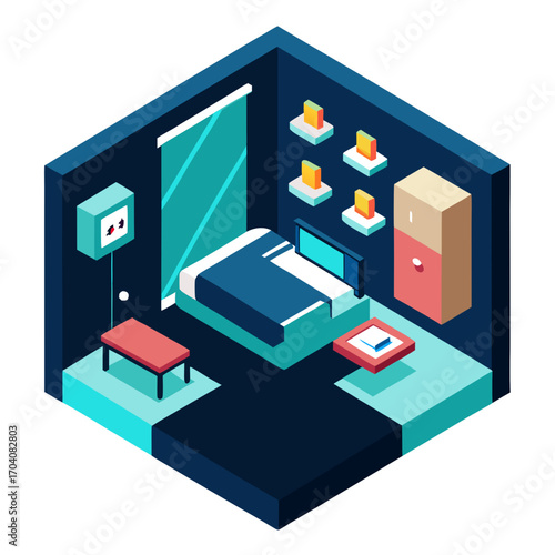 Isometric hotel room interior television