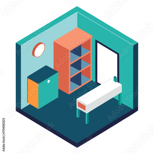 Isometric room with furniture interior shelf
