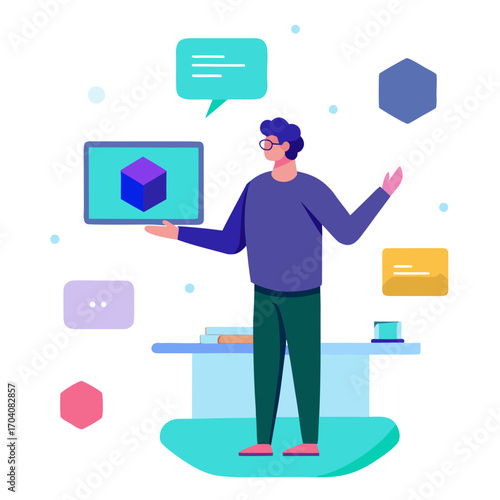 Man presenting digital cube in virtual space glasses