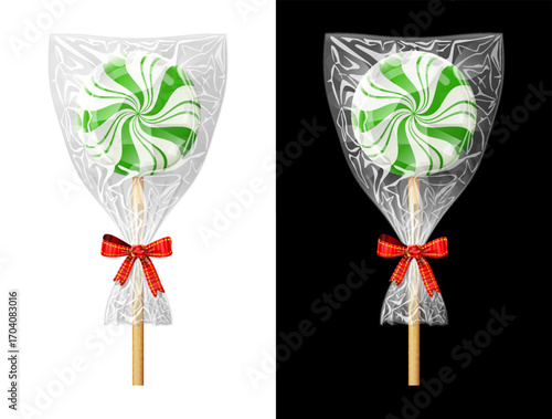 Round candy on stick in plastic wrapper decorated with bow. Festive wrapped green lollipop isolated on white and black. Vector image for christmas, sweet food, new years day, holiday, dessert