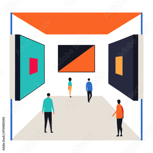 Modern art gallery interior with abstract displays