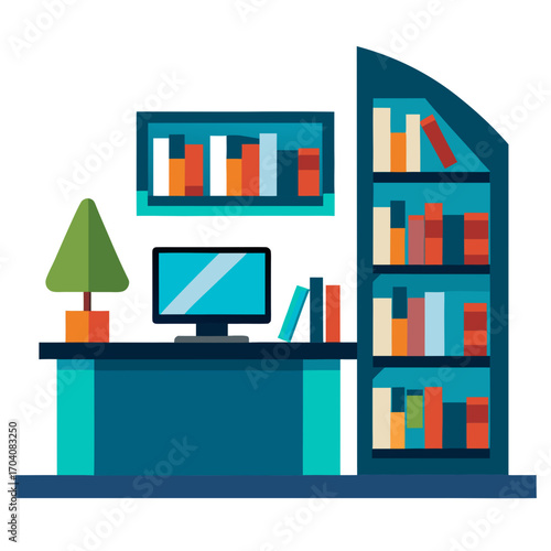 Modern library desk with computer and shelves monitor