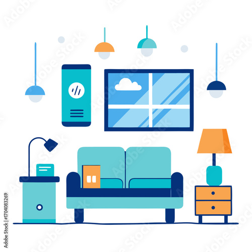 Modern living room interior with smart home devices