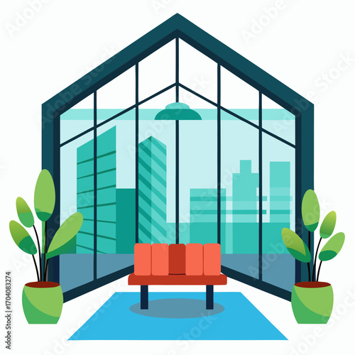 Modern lobby with glass walls and plants sofa