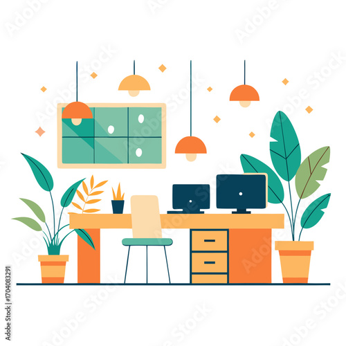 Modern office desk with plants and computers coworking