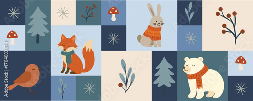 Winter Whimsical Bauhaus Horizontal Banner with Forest Animals, Geometric Shapes and Snowy Elements