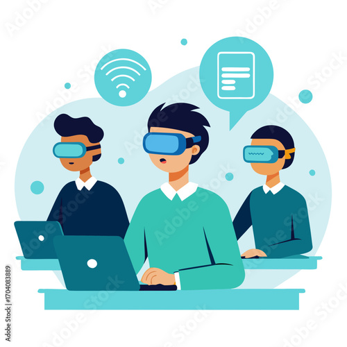 Students virtual reality learning laptops VR headsets