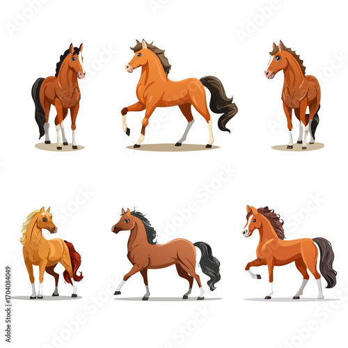 Set of horses vectors, collection of cartoon-style horses in different poses and various colors, perfect for children's illustrations, animal education, animation design, and creative projects