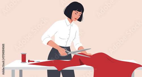 Woman cutting red fabric with scissors at table, focused and creative atmosphere
