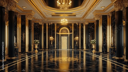 Elegant black palace hall with golden details and marble flooring
