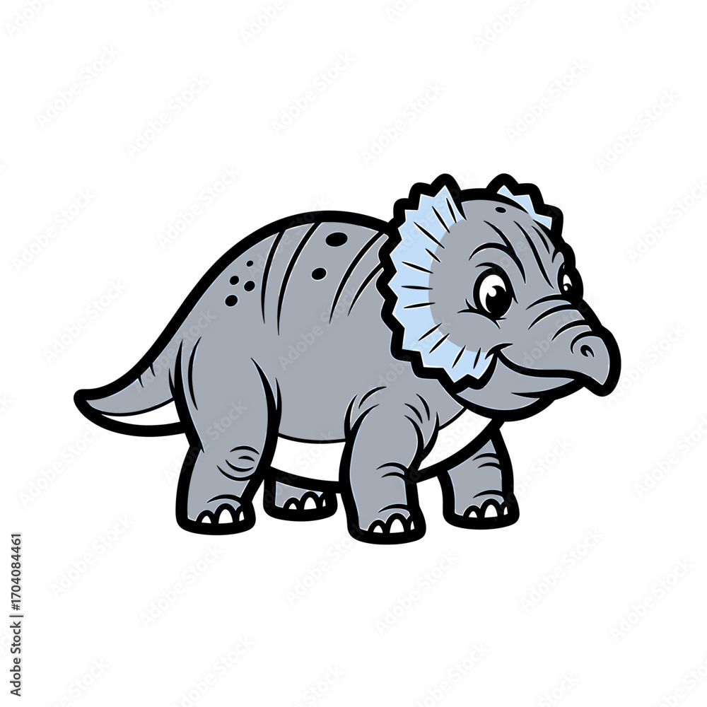Obraz premium Cartoon illustration of a cute, smiling, gray triceratops dinosaur with a frill and horns.