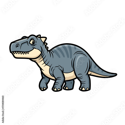 Cute cartoon blue dinosaur with a friendly smile walking on a white background, depicted in a playful illustration style.