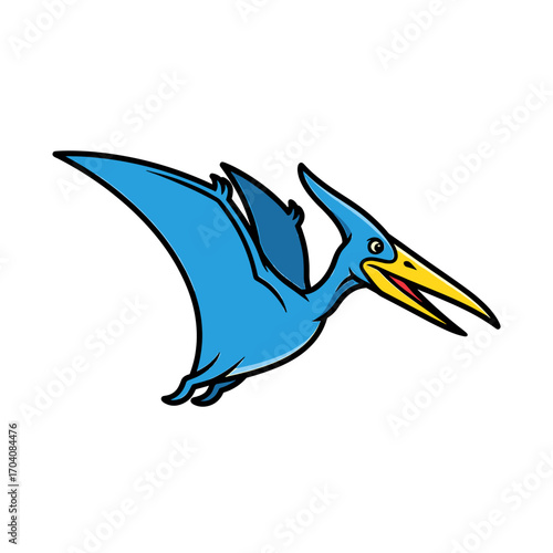 Cartoon illustration of a blue pterodactyl flying with yellow beak.