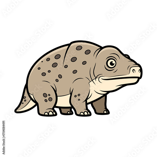 Cartoon illustration of a prehistoric mammal, likely a synapsid, with a rounded body, spotted pattern, and a simple facial structure.