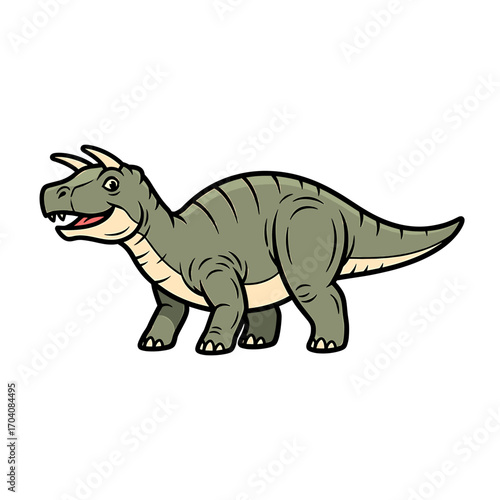 A friendly green cartoon dinosaur with horns, possibly a Pachyrhinosaurus, standing and smiling against a plain white background.