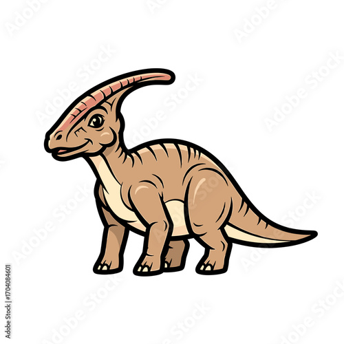 Cartoon illustration of a friendly Parasaurolophus dinosaur with a large crest, standing and smiling.