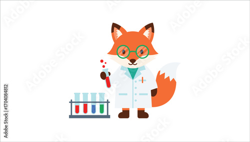 Clever Fox Cartoon Scientist A Whimsical Vector Illustration of a Happy, Smart Animal in a Laboratory Setting