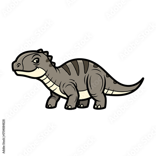 Cartoon dinosaur with gray skin and dark stripes.